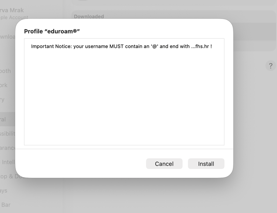 macOS – završna potvrda instalacije eduroam profila